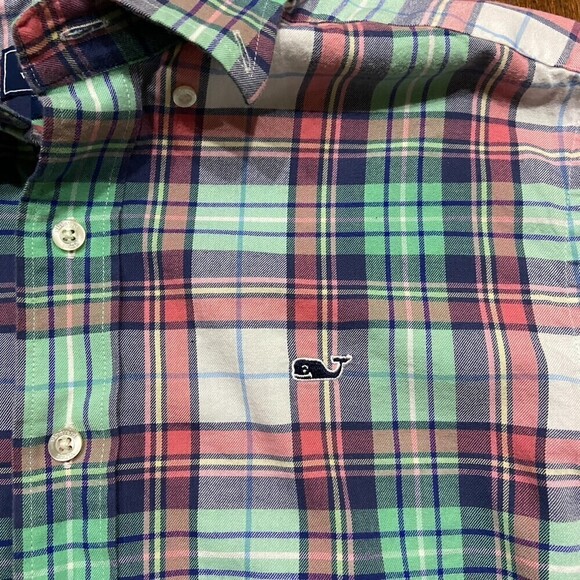 Vineyard Vines Whale Button Down Plaid Green Pink Shirt Cotton Men's Size XS - Picture 3 of 9